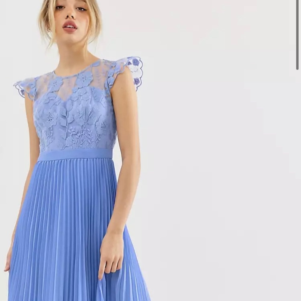 Pleated Embroidered Top Cornflower Blue Dress Gem